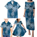 Aotearoa Maori Koru Curves Family Matching Puletasi and Hawaiian Shirt Silver Ferns - Navy Blue