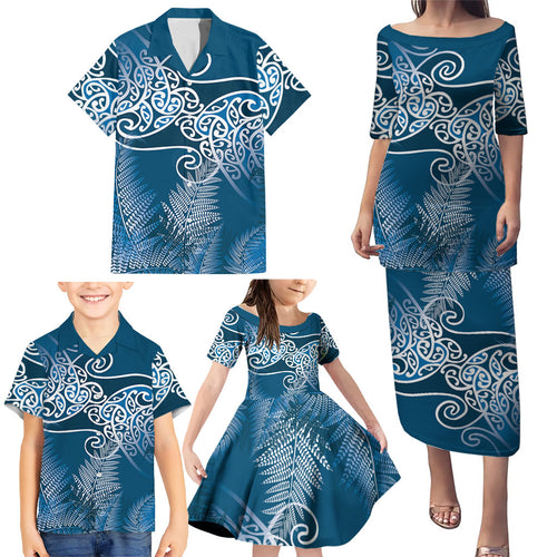 Aotearoa Maori Koru Curves Family Matching Puletasi and Hawaiian Shirt Silver Ferns - Navy Blue