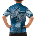 Aotearoa Maori Koru Curves Family Matching Puletasi and Hawaiian Shirt Silver Ferns - Navy Blue