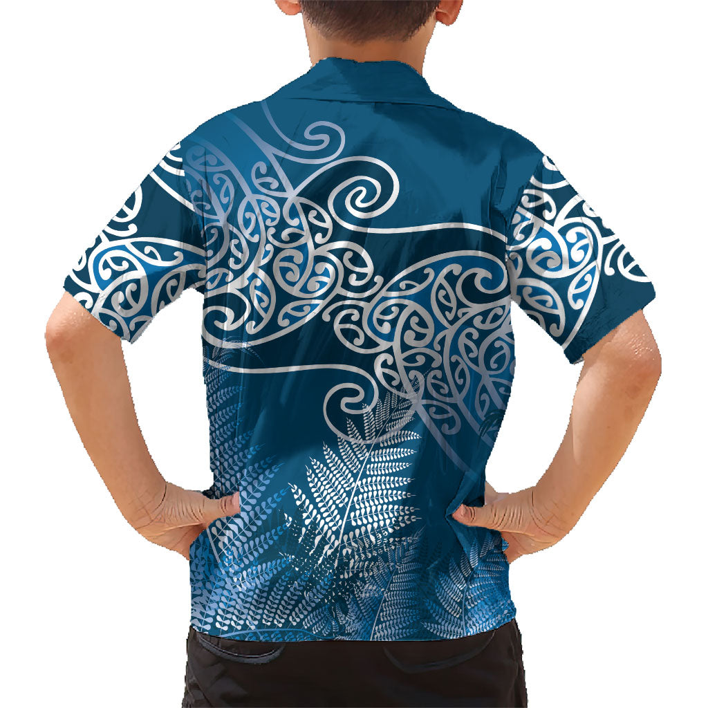 Aotearoa Maori Koru Curves Family Matching Puletasi and Hawaiian Shirt Silver Ferns - Navy Blue