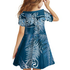 Aotearoa Maori Koru Curves Family Matching Puletasi and Hawaiian Shirt Silver Ferns - Navy Blue