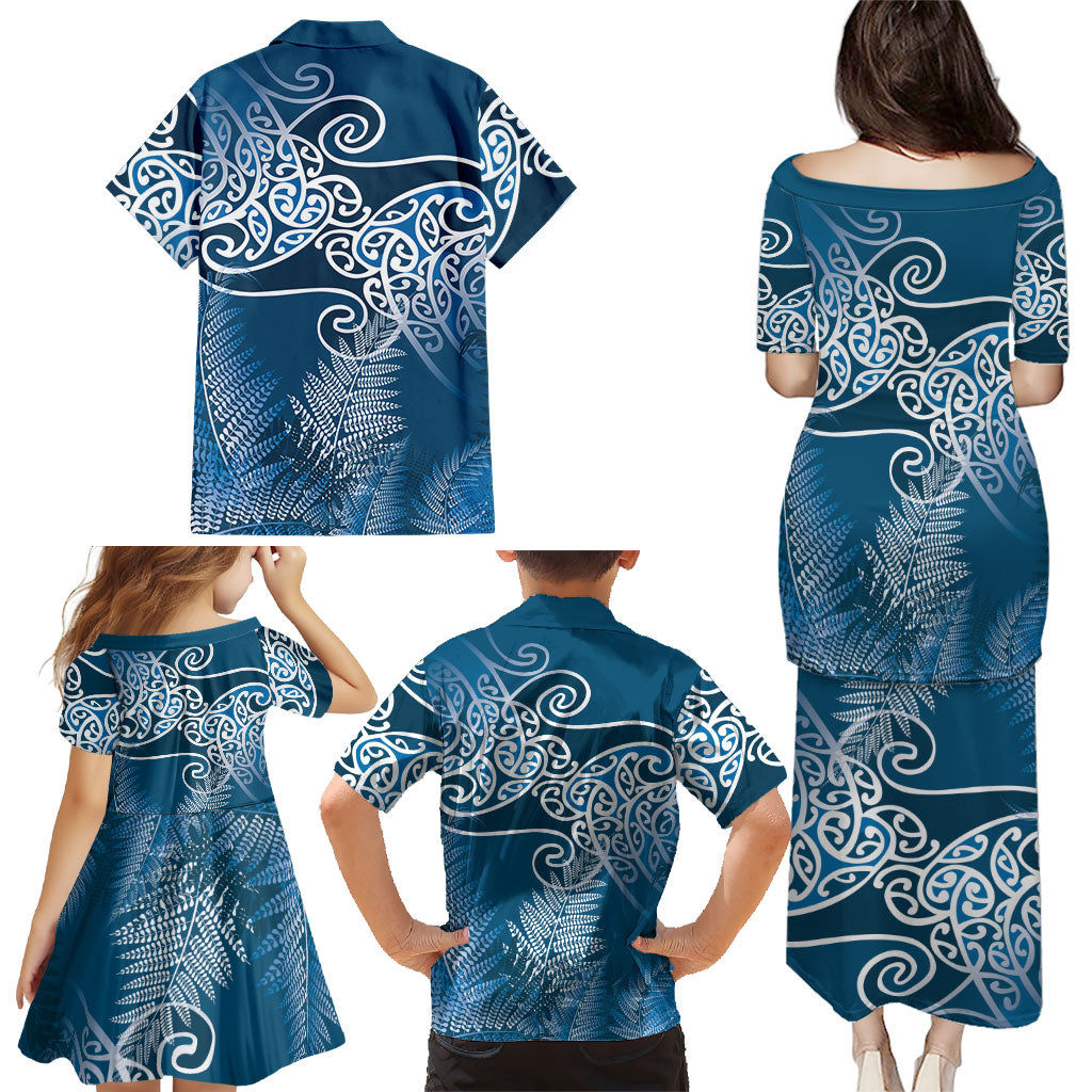Aotearoa Maori Koru Curves Family Matching Puletasi and Hawaiian Shirt Silver Ferns - Navy Blue