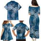 Aotearoa Maori Koru Curves Family Matching Puletasi and Hawaiian Shirt Silver Ferns - Navy Blue