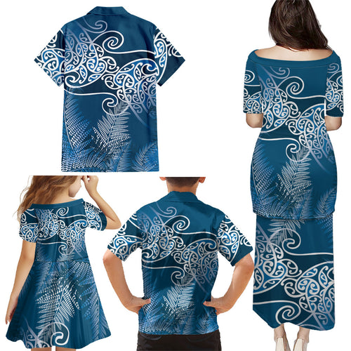 Aotearoa Maori Koru Curves Family Matching Puletasi and Hawaiian Shirt Silver Ferns - Navy Blue