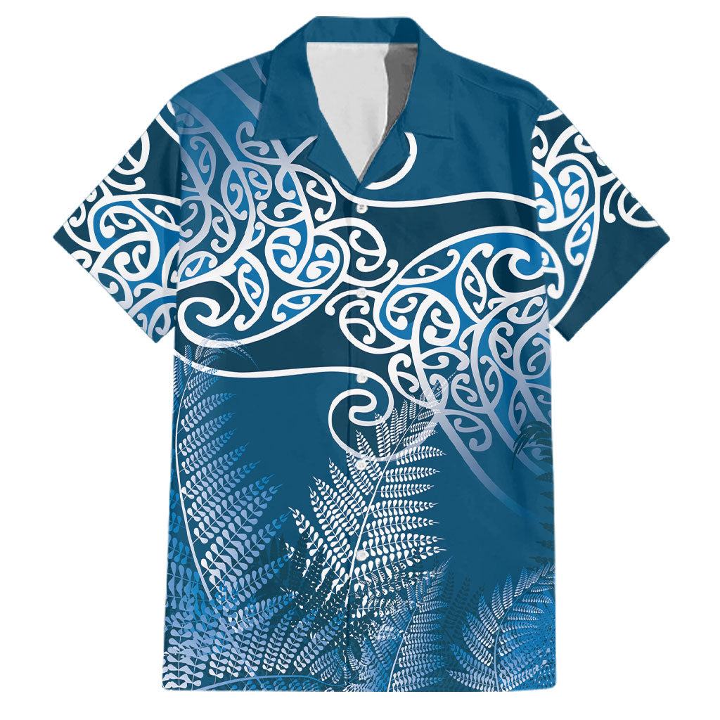 Aotearoa Maori Koru Curves Family Matching Puletasi and Hawaiian Shirt Silver Ferns - Navy Blue