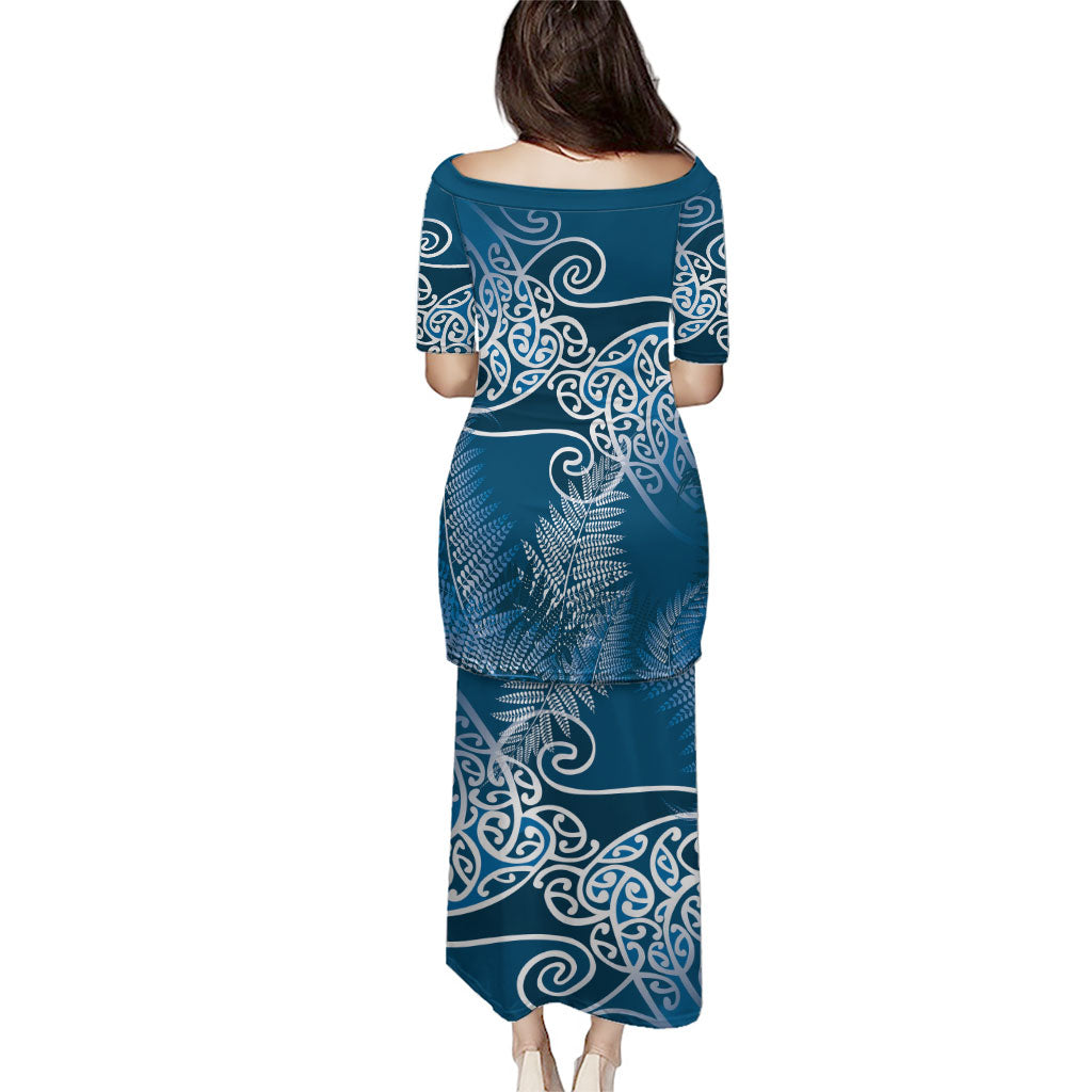 Aotearoa Maori Koru Curves Family Matching Puletasi and Hawaiian Shirt Silver Ferns - Navy Blue