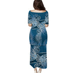 Aotearoa Maori Koru Curves Family Matching Puletasi and Hawaiian Shirt Silver Ferns - Navy Blue