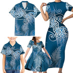 Aotearoa Maori Koru Curves Family Matching Short Sleeve Bodycon Dress and Hawaiian Shirt Silver Ferns - Navy Blue