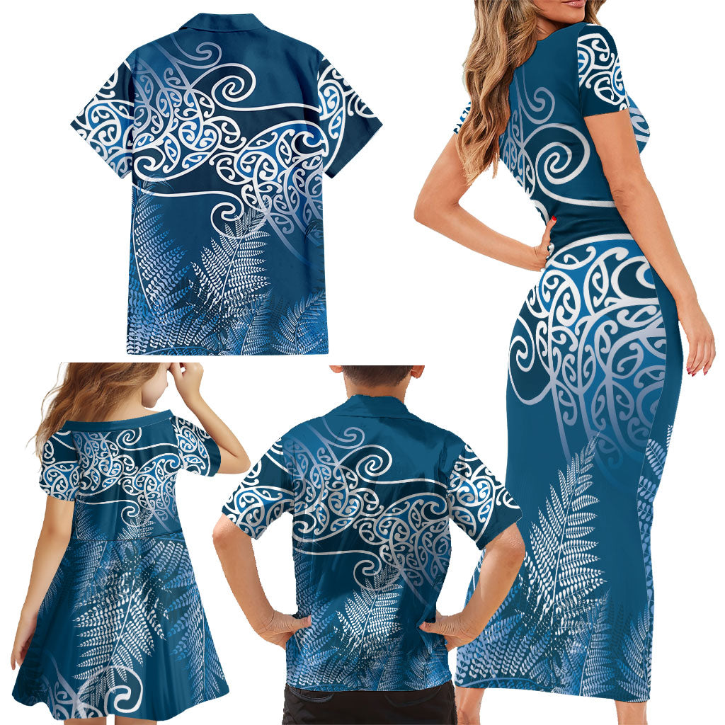 Aotearoa Maori Koru Curves Family Matching Short Sleeve Bodycon Dress and Hawaiian Shirt Silver Ferns - Navy Blue