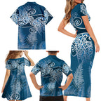 Aotearoa Maori Koru Curves Family Matching Short Sleeve Bodycon Dress and Hawaiian Shirt Silver Ferns - Navy Blue