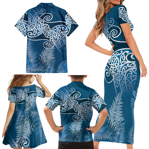 Aotearoa Maori Koru Curves Family Matching Short Sleeve Bodycon Dress and Hawaiian Shirt Silver Ferns - Navy Blue