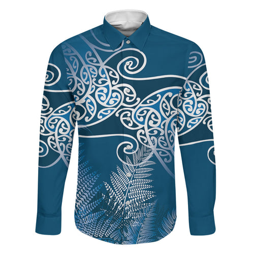 Aotearoa Maori Koru Curves Family Matching Short Sleeve Bodycon Dress and Hawaiian Shirt Silver Ferns - Navy Blue