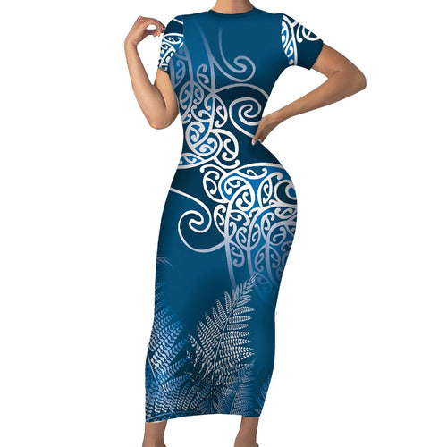 Aotearoa Maori Koru Curves Family Matching Short Sleeve Bodycon Dress and Hawaiian Shirt Silver Ferns - Navy Blue