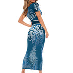 Aotearoa Maori Koru Curves Family Matching Short Sleeve Bodycon Dress and Hawaiian Shirt Silver Ferns - Navy Blue
