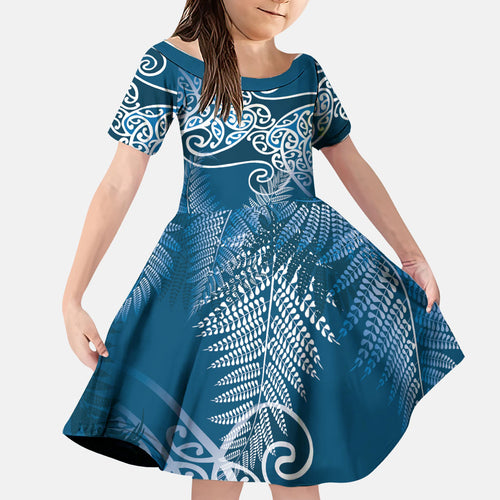 Aotearoa Maori Koru Curves Family Matching Summer Maxi Dress and Hawaiian Shirt Silver Ferns - Navy Blue