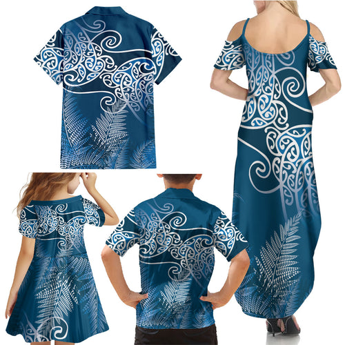 Aotearoa Maori Koru Curves Family Matching Summer Maxi Dress and Hawaiian Shirt Silver Ferns - Navy Blue