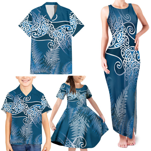 Aotearoa Maori Koru Curves Family Matching Tank Maxi Dress and Hawaiian Shirt Silver Ferns - Navy Blue