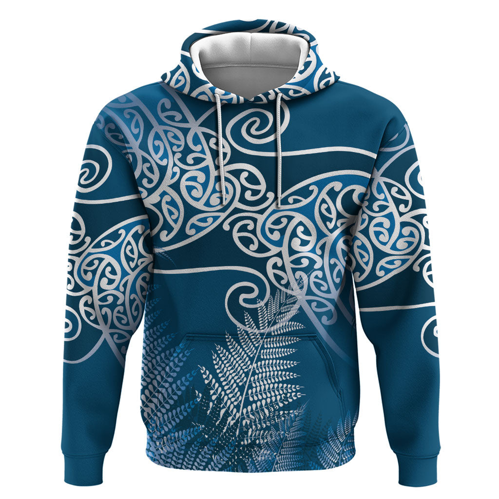 Aotearoa Maori Koru Curves Hoodie Silver Ferns - Navy Blue