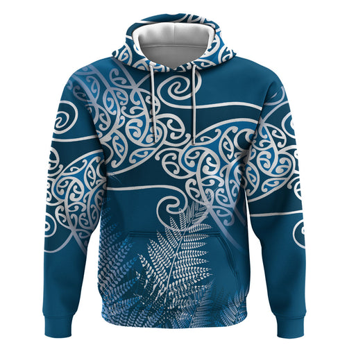Aotearoa Maori Koru Curves Hoodie Silver Ferns - Navy Blue