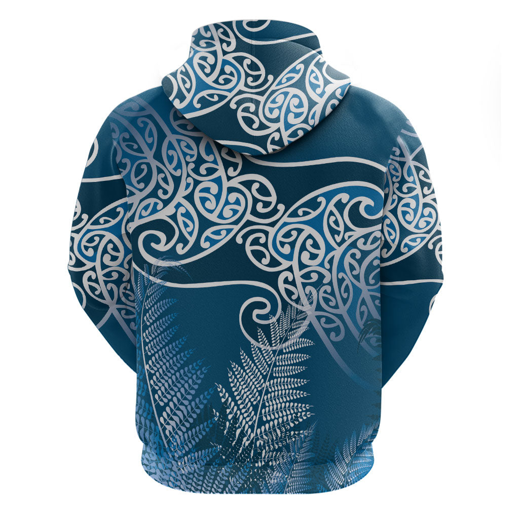 Aotearoa Maori Koru Curves Hoodie Silver Ferns - Navy Blue
