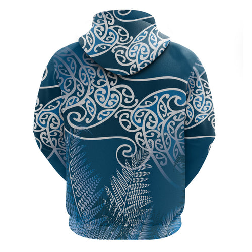 Aotearoa Maori Koru Curves Hoodie Silver Ferns - Navy Blue