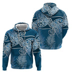 Aotearoa Maori Koru Curves Hoodie Silver Ferns - Navy Blue