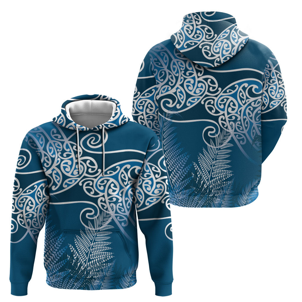 Aotearoa Maori Koru Curves Hoodie Silver Ferns - Navy Blue
