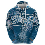 Aotearoa Maori Koru Curves Hoodie Silver Ferns - Navy Blue