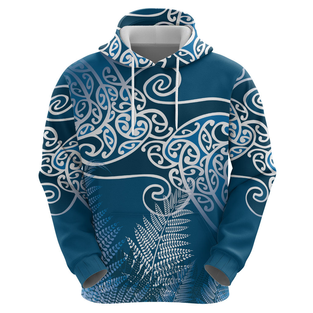 Aotearoa Maori Koru Curves Hoodie Silver Ferns - Navy Blue