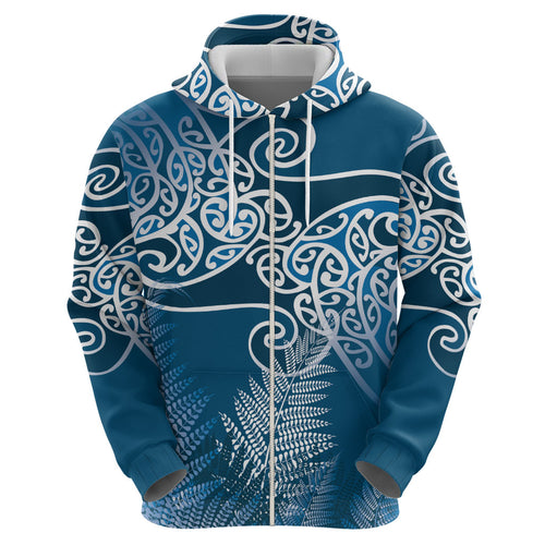 Aotearoa Maori Koru Curves Hoodie Silver Ferns - Navy Blue