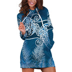 Aotearoa Maori Koru Curves Hoodie Dress Silver Ferns - Navy Blue