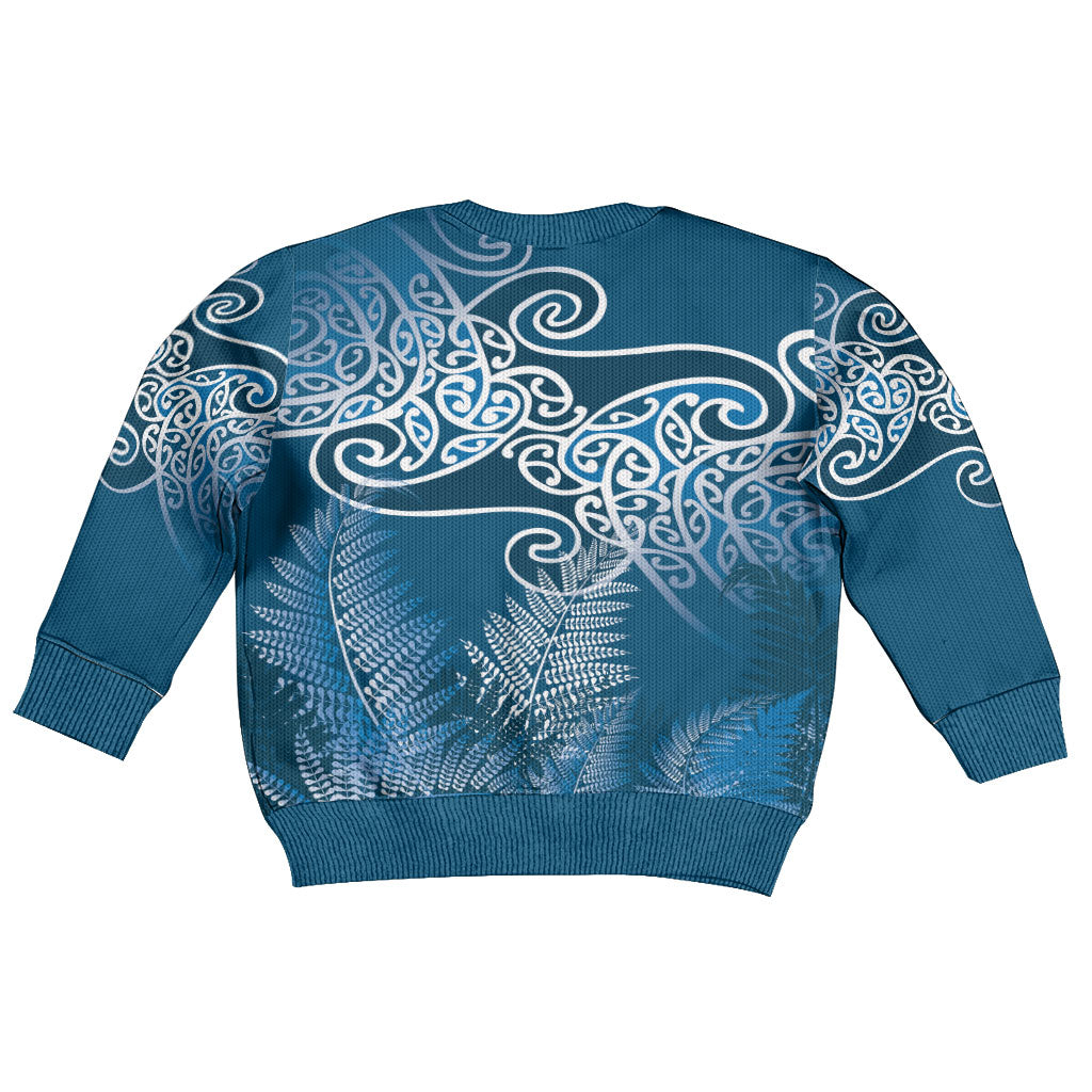 Aotearoa Maori Koru Curves Kid Ugly Christmas Sweater Silver Ferns - Navy Blue