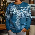 Aotearoa Maori Koru Curves Kid Ugly Christmas Sweater Silver Ferns - Navy Blue