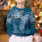 Aotearoa Maori Koru Curves Kid Ugly Christmas Sweater Silver Ferns - Navy Blue