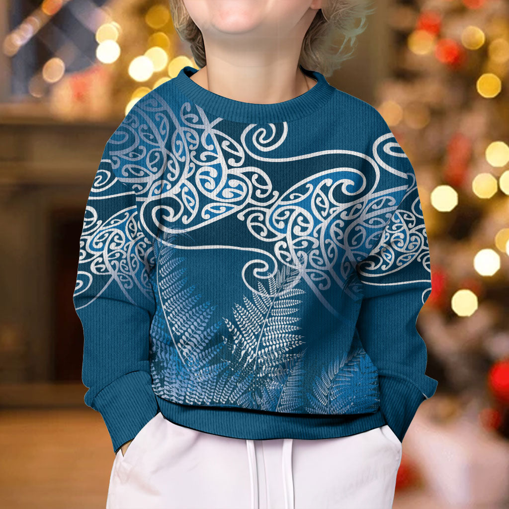 Aotearoa Maori Koru Curves Kid Ugly Christmas Sweater Silver Ferns - Navy Blue