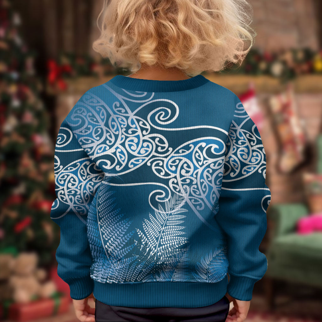 Aotearoa Maori Koru Curves Kid Ugly Christmas Sweater Silver Ferns - Navy Blue