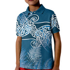 Aotearoa Maori Koru Curves Kid Polo Shirt Silver Ferns - Navy Blue