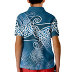 Aotearoa Maori Koru Curves Kid Polo Shirt Silver Ferns - Navy Blue