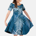 Aotearoa Maori Koru Curves Kid Short Sleeve Dress Silver Ferns - Navy Blue