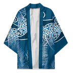 Aotearoa Maori Koru Curves Kimono Silver Ferns - Navy Blue