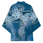 Aotearoa Maori Koru Curves Kimono Silver Ferns - Navy Blue