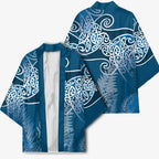 Aotearoa Maori Koru Curves Kimono Silver Ferns - Navy Blue