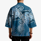 Aotearoa Maori Koru Curves Kimono Silver Ferns - Navy Blue
