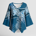 Aotearoa Maori Koru Curves Kimono Sleeve Blouse Silver Ferns - Navy Blue