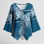 Aotearoa Maori Koru Curves Kimono Sleeve Blouse Silver Ferns - Navy Blue