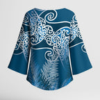 Aotearoa Maori Koru Curves Kimono Sleeve Blouse Silver Ferns - Navy Blue
