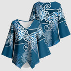Aotearoa Maori Koru Curves Kimono Sleeve Blouse Silver Ferns - Navy Blue