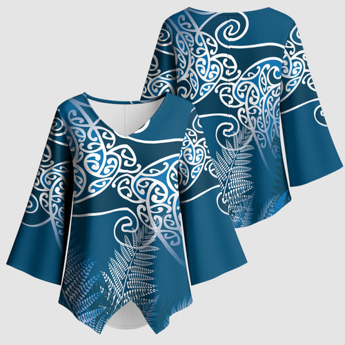 Aotearoa Maori Koru Curves Kimono Sleeve Blouse Silver Ferns - Navy Blue