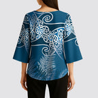 Aotearoa Maori Koru Curves Kimono Sleeve Blouse Silver Ferns - Navy Blue