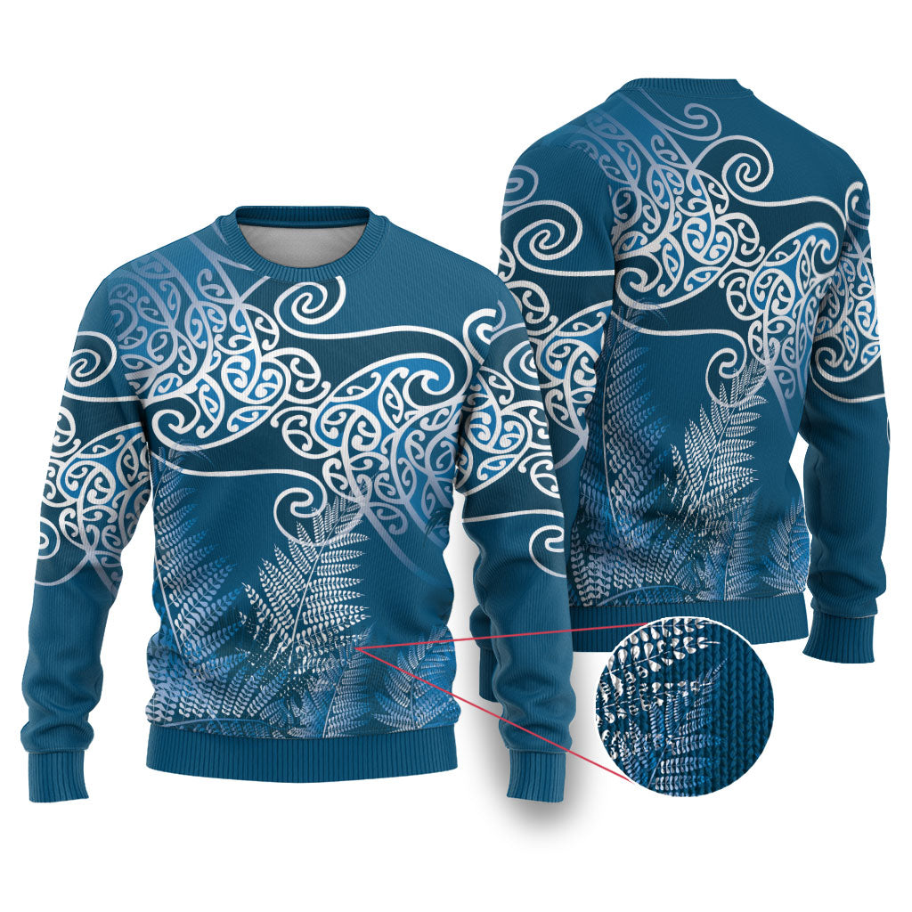 Aotearoa Maori Koru Curves Ugly Christmas Sweater Silver Ferns - Navy Blue
